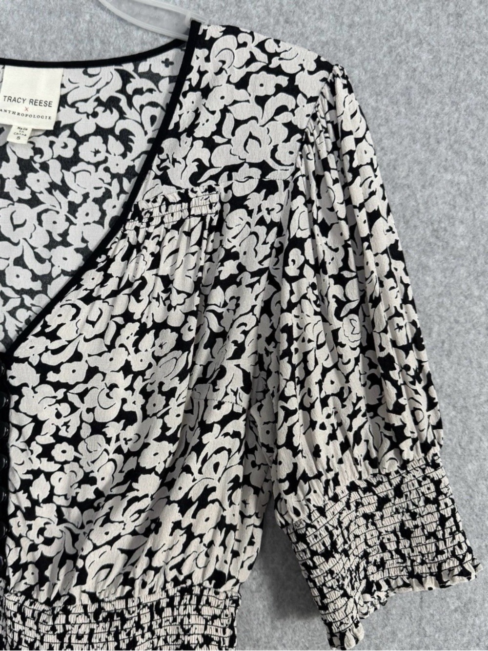 Tracy Reese x Anthropologie Floral Peplum Blouse Black Cream Smocked Waist Small - Picture 5 of 15